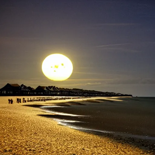 Prompt: a photography taken by someone who doesn't know how to use a camera of the super moon over the beach huts and the isle of wight