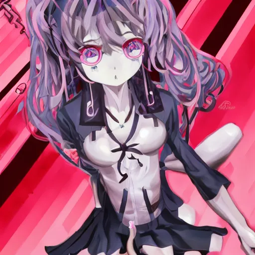 Image similar to unexpectedly overpowered and trapped beneath stunningly absurdly beautiful omnipotent asi goddess junko enoshima with an enigmatic complex twisted deceptive innocent - looking mesmerizing megalomaniacal yandere personality, symmetrical perfect face, porcelain skin, pink twintail hair and cyan eyes, ultra detailed, digital art, unreal engine 5, octane render, 2 d anime, 8 k