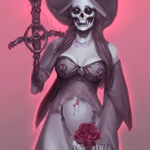 Image similar to a beautiful feminine necromancer raising the dead, illustration, skulls, character design by nixeu, artstation, 2 d cg