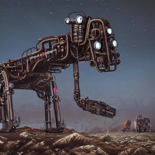 Prompt: giant scary quadrupedal mining machine with drill, four legs, highly detailed body, retro, industrial, dark, dystopian, apocalyptic, in the style of simon stalenhag