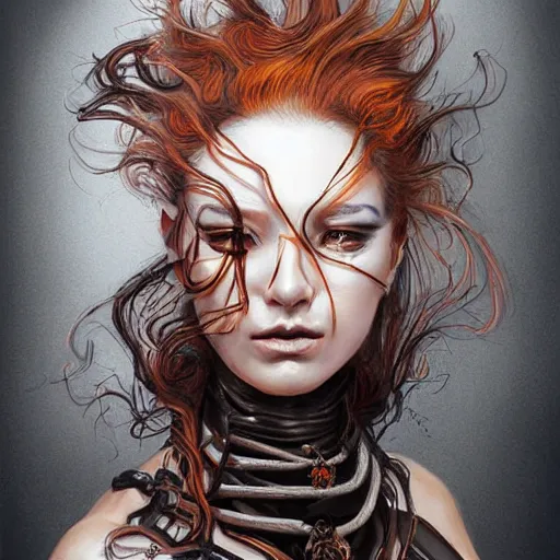 Prompt: portrait of a Shibari rope wrapped face and neck, headshot, insanely nice professional hair style, dramatic hair color, digital painting, of a 17th century cyborg merchant, amber jewels, regal, baroque, very ornate clothing, scifi, realistic, hyper detail, chiaroscuro, concept art, art by Franz Hals and Jon Foster and Ayami Kojima and Amano and Karol Bak,