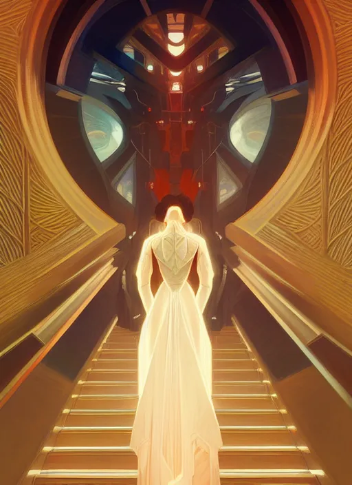 Image similar to symmetry!! portrait bride, going down the stairs, futurism, sci - fi, glowing lights!! intricate, elegant, highly detailed, digital painting, artstation, concept art, smooth, sharp focus, illustration, art by artgerm and greg rutkowski and alphonse mucha, 8 k