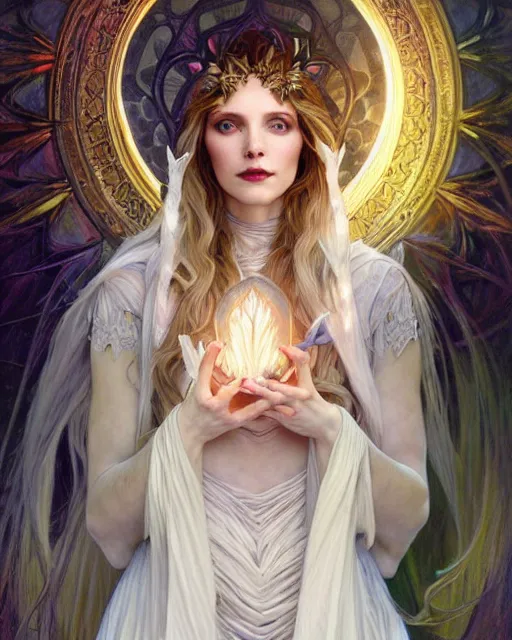 Image similar to realistic wide angle portrait of a beautiful white witch, standing, crafting spells, bright witch, beautiful face, fantasy, chaos, magic, dark magic, dramatic lighting, intricate, wild, highly detailed, digital painting, artstation, concept art, smooth, sharp focus, illustration, art by artgerm and greg rutkowski and alphonse mucha, footage from space camera