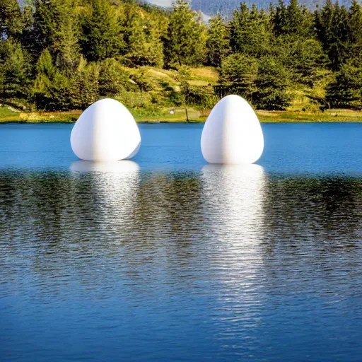 Prompt: a beautiful building composed of many white egg shapes, on the quiet lake