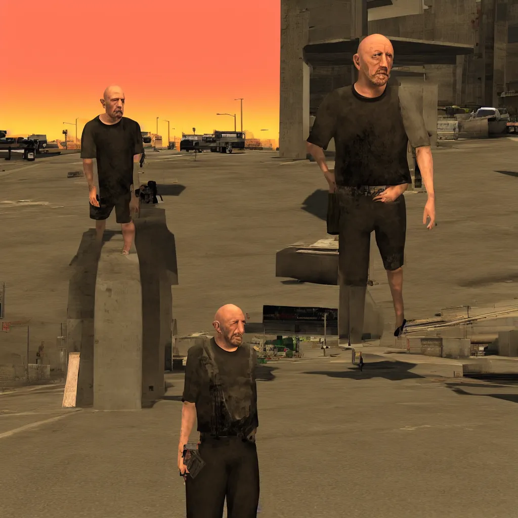 Image similar to Mike Ehrmantraut in Los Santos, screenshot from the PS2 version of GTA San Andreas, orange sky