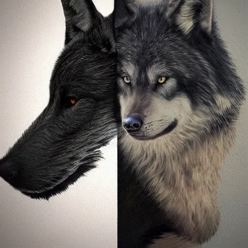 Prompt: a realistic black wolf head and a white wolf head mixed into yin yang symbol, fantasy art