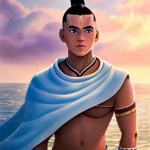 Image similar to beautiful serene intricate photograph of sokka from the water tribe as an inuit young man, dark hair, light blue eyes, smiling softly, relaxing on the beach, golden hour, soft focus, 8 k, art by irakli nadar, hyperrealism, hyperdetailed, ultra realistic