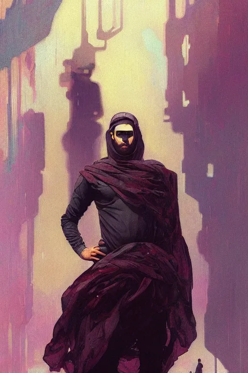 Prompt: a full body portrait oil painting illustration of an arabic man by justin sweet and greg rutkowski and alphonse mucha with face and body clearly visible, techwear, futuristic, cyberpunk, artstation trending, high quality, sombre mood, artstation trending, abstract colours, no crop, entire character!,