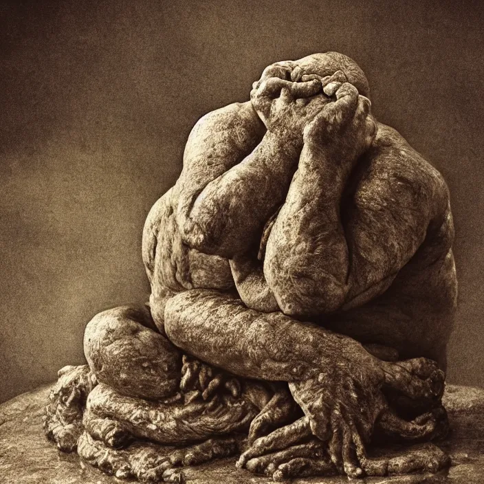 Image similar to toad philosopher The Thinker, swamp, by Auguste Rodin, symmetric, by Irving Penn, bokeh , top cinematic lighting , cinematic mood, very detailed, shot in canon, 8k ,