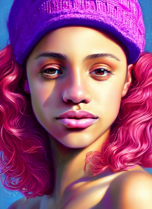 Prompt: portrait of teenage vanessa morgan with bright pink hair, vanessa morgan, curly pixie cut hair, wearing a purple breton cap, breton cap, hoop earrings, intricate, elegant, glowing lights, highly detailed, digital painting, artstation, concept art, smooth, sharp focus, illustration, art by wlop, mars ravelo and greg rutkowski