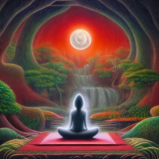 Prompt: a wolf meditating in a zen garden with a waterfall under the blood moon, by Adi granov and afarin sajedi and amanda sage and evgeni gordiets and Agostino Arrivabene in a psychedelic portrait style, ultrarealistic matte painting, volumetric lighting, fractal, extremely symmetrical, highly detailed face, orisha, 8k, hd