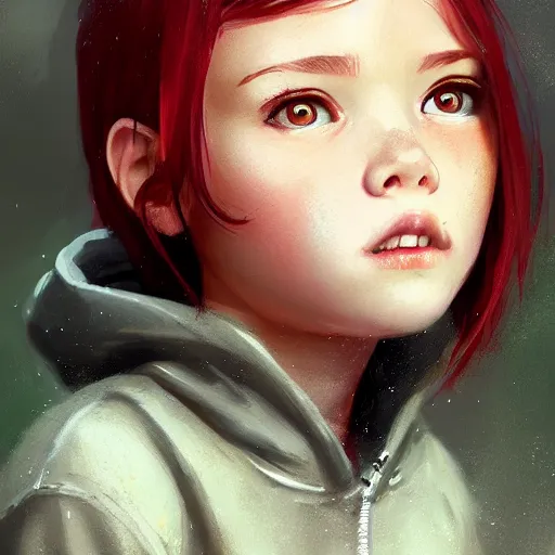 Image similar to a cute tiny girl with short red hair wearing a hoodie, digital art, very beautiful face, pretty face, very detailed eyes, full body illustration, 8 k resolution, soft painting, by greg rutkowski, wlop, rossdraws,