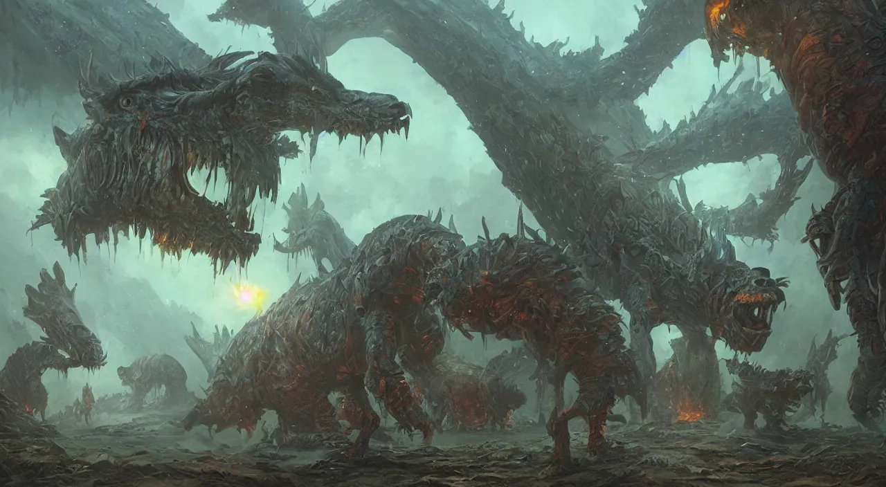 Image similar to technicolor prehistoric beasts, glowing with magic, surrounded by slate grey walls, insane details, dramatic lighting, fantasy art, concept art, greg rutkowski, james gurney, johannes voss, hasui kawase.