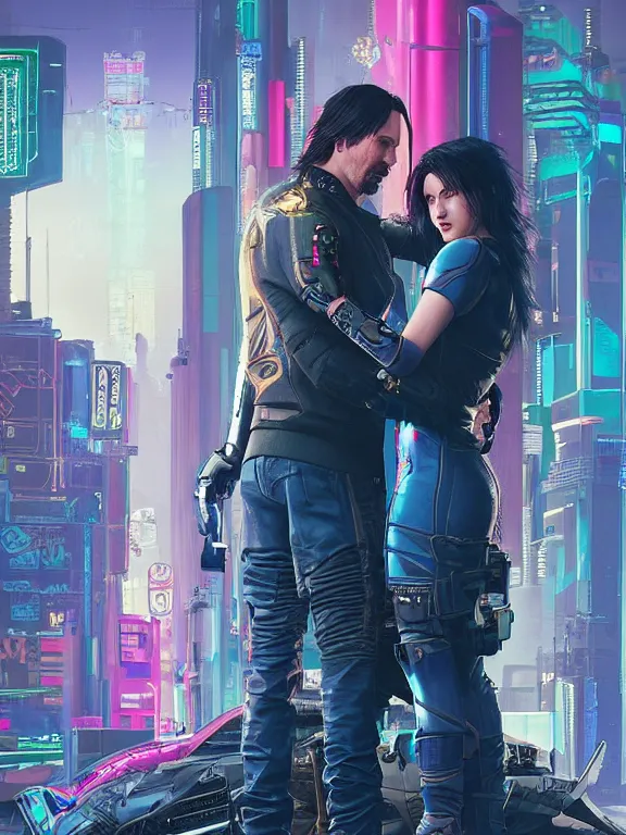 Image similar to a cyberpunk 2077 couple portrait of Keanu Reeves and V ,love story , lots of electric cable behind them connected to giant computer,film lighting,by laurie greasley,Lawrence Alma-Tadema,William Morris,Dan Mumford,trending on atrstation,FAN ART,full of color,Digital painting,highly detailed,8K, octane,golden ratio,cinematic lighting