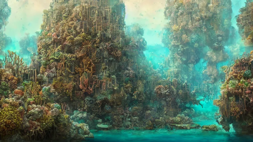 Prompt: Trending on artstation, beautiful underwater lost city coral reef, detailed matte painting, oil on canvas