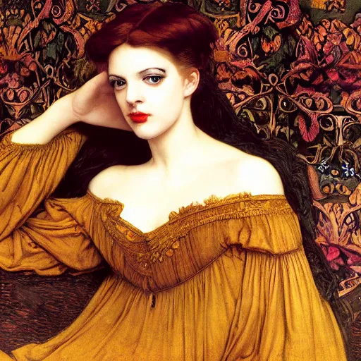 Prompt: preraphaelite photography reclining on bed, a hybrid of a hybrid of judy garland and liza minelli and a hybrid of lady gaga and nicole richie, aged 2 5, big brown fringe, wide shot, yellow ochre ornate medieval dress, john william waterhouse, kilian eng, rosetti, john everett millais, william holman hunt, william morris, 4 k