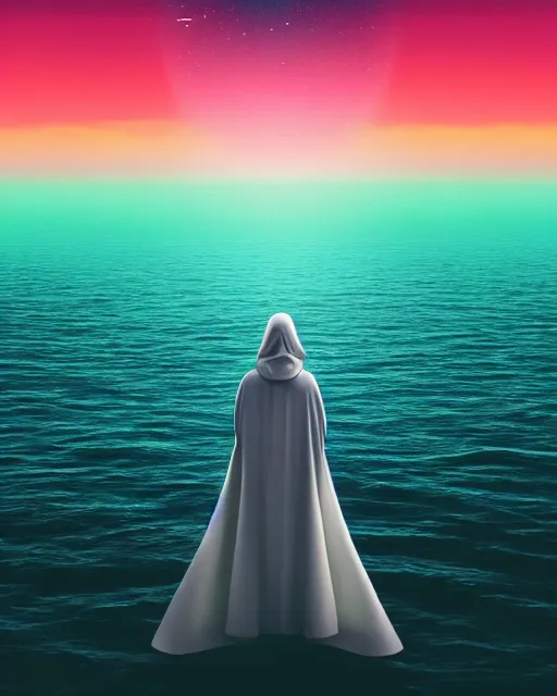 Image similar to a person wearing a white cloak standing in the water. a large planet is overhead. an album cover by stanley twardowicz, trending on cg society, retrofuturism, retrowave, chillwave, synthwave