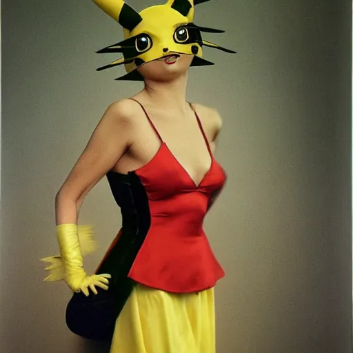 Prompt: elegant woman dressed up as pikachu, art photo by Annie Liebovitz and Alphonse Mucha, glossy, clean, old fashion