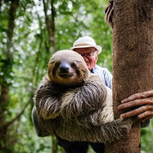 Prompt: portrait of an elderly man riding a sloth, canon eos r 3, f / 1. 4, iso 2 0 0, 1 / 1 6 0 s, 8 k, raw, unedited, symmetrical balance, wide angle