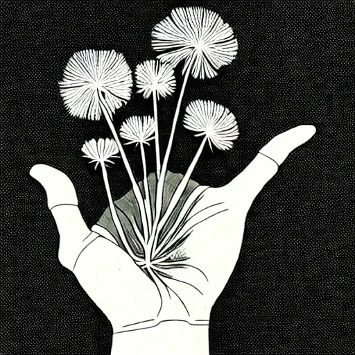 Image similar to a hand with dandelions growing out of it, pen and ink style