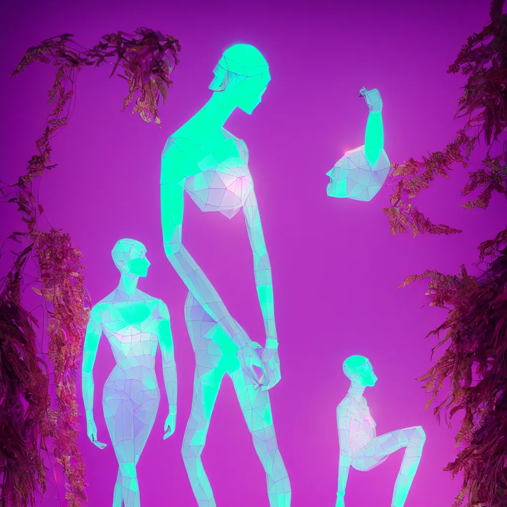 Image similar to beautiful mannequin sculpted out of amethyst by billelis + lit with 3 d geometric neon + facing a doorway opening with neon pink geometric fractal light + flowering hosta plants!!!, moon in background!, rule of thirds, clean linework, dramatic, award winning, 4 k, trending on artstation, photorealistic, volumetric lighting, octane render