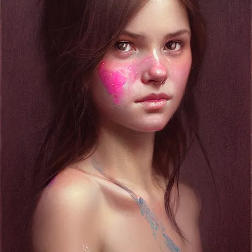 Prompt: Facial portrait of a cute shy girl, looking at the camera, slight awkward smile, lips slightly parted, no hands visible, blushing, intricate, extremely detailed painting by Greg Rutkowski and by Henry Justice Ford and by Steve Henderson and Moebius