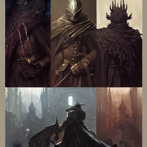 Prompt: ultra - detailed portraits of bloodborne characters. horrible hell, digital painting, sharp focus illustration, artstation hq. intricate, elegant. wlop, greg rutkowski, alphonse mucha,. dan mumford. incredible by repin background. full height. decollage. assembly. cgsociety. impressionism