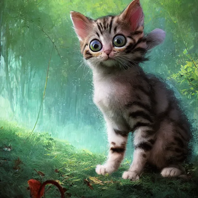 Prompt: a painting of a cute kitten in a forest. big eyes. disney character design by cory loftis, fenghua zhong, ryohei hase, ismail inceoglu and ruan jia. volumetric light, detailed, rendered in octane