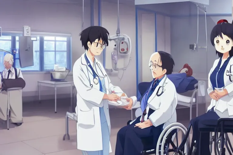Prompt: a cute young female doctor wearing white coat are serving an old man in a wheelchair in a hospital ward, slice of life anime, cinematic, realistic, anime scenery by Makoto shinkai
