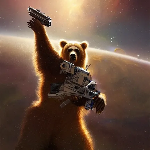 Image similar to detailed science - fiction character portrait of a grizzly bear shooting a machine gun in space, intricate, wild, highly detailed, digital painting, artstation, concept art, smooth, sharp focus, illustration, art by artgerm and greg rutkowski and alphonse mucha