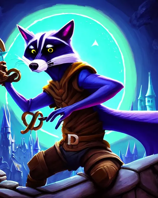 Image similar to closeup, highly detailed digital illustration portrait of hooded necromancer sly cooper rocket the raccoon casting a magical energy sparkling blue glowing spell in an ancient castle, action pose, d & d, magic the gathering, by rhads, frank frazetta, lois van baarle, jean - baptiste monge, disney, pixar,