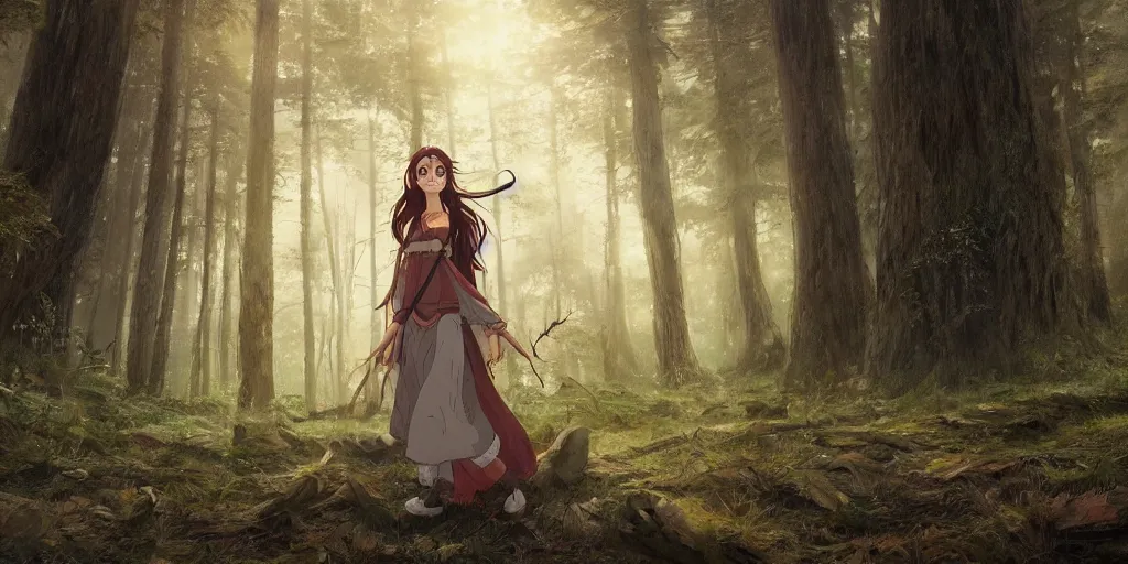 Image similar to portrait of woman, forest background, long brown hair, cloth, princess mononoke, 4 k, greg rutkowski, high detail, dramatic lighting, sunset, hayao miyazaki, masashi ando, nizou yamamoto, kazuo oga, joe hisaishi, yoji takeshige, naoya tanaka