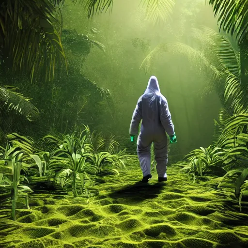 Prompt: a man wearing a hazmat suit, walking through a lush jungle, realistic octane render, ray traced, god rays, extremely high detail