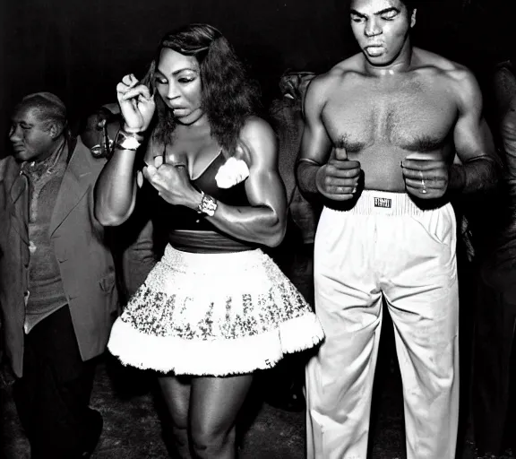 Prompt: muhammed ali and Serena Williams high on Peyote at a club; photograph by Dorothy Lange