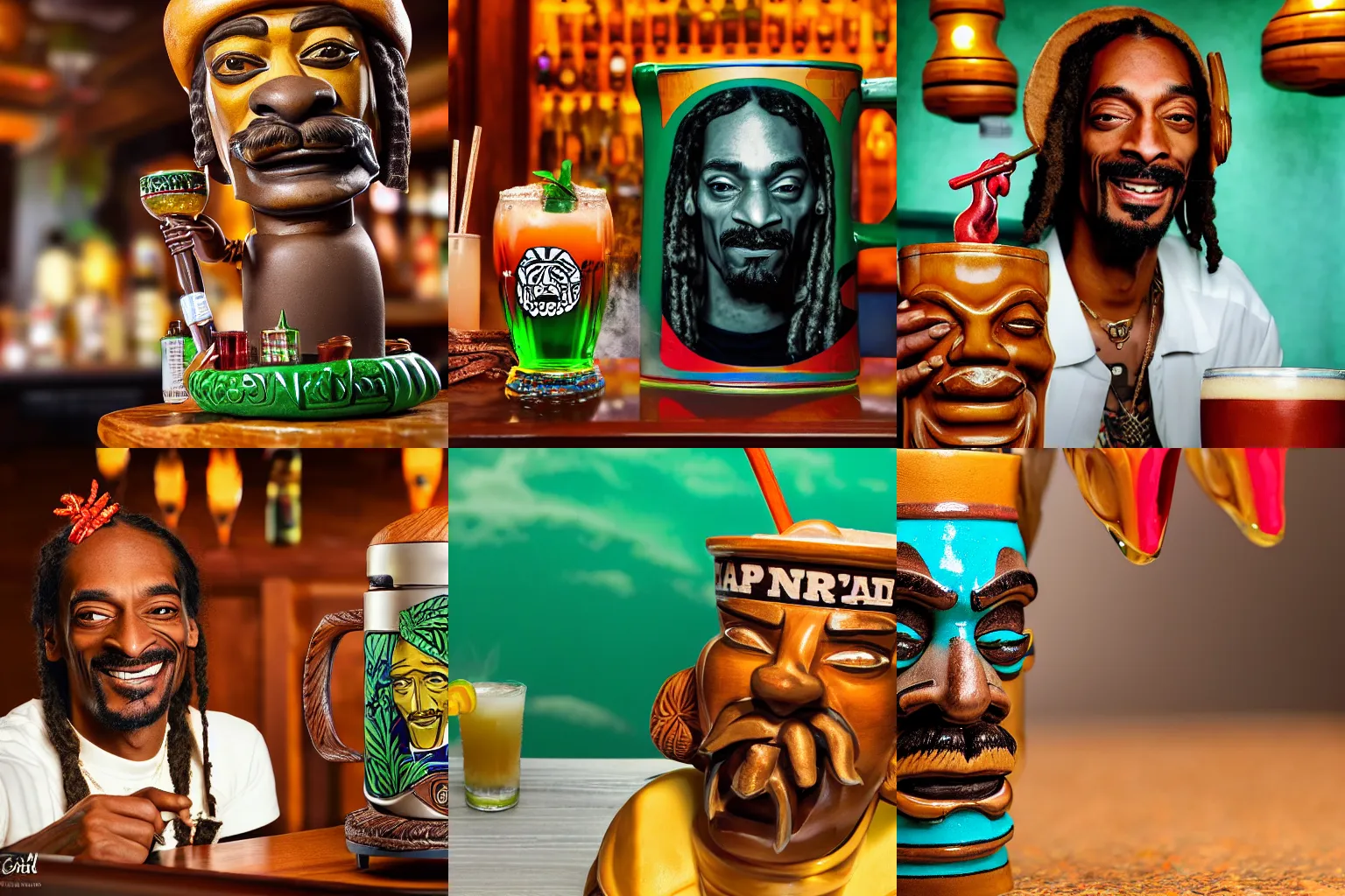 Prompt: a closeup photorealistic photograph of happy blunt smoking snoop dogg at trader vic's bar sitting next to a trader vic's style tiki mug featuring the face of snoop dogg. tiki culture. bright scene. 4 k hd image that's trending on artstation, featured on behance, well rendered, extra crisp, features epic composition and the style of unreal engine.