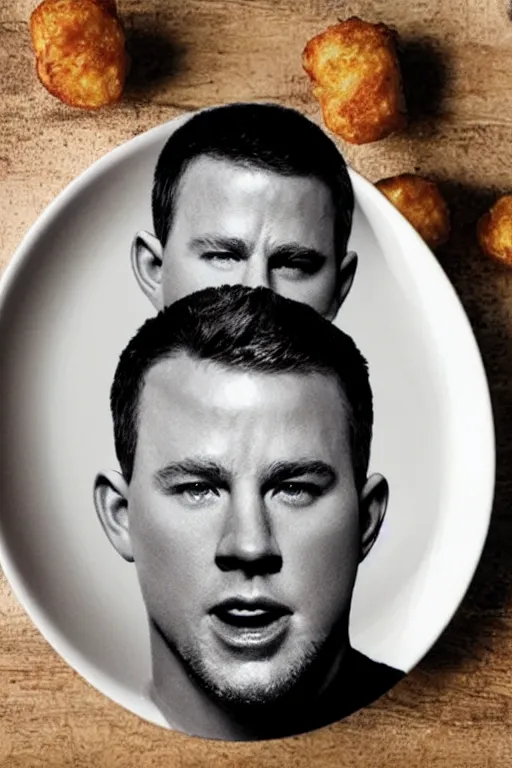 Image similar to a big tater tot on a plate with channing tatum face, channing tatum made out of tater tot, photo