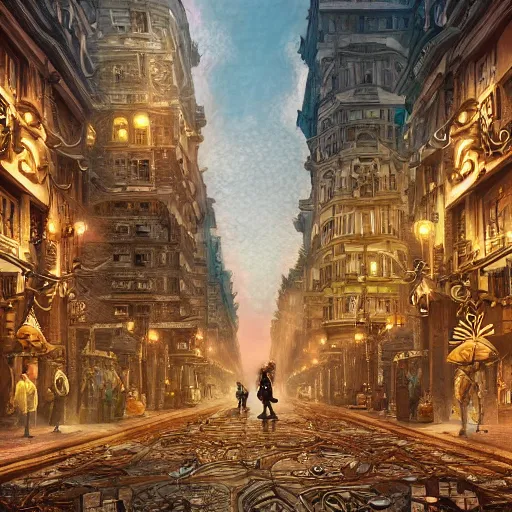 Image similar to gigantic ant walking through the center of a populated city, extreme detail, abstract realism, highly ornate intricate details, 1 9 2 0's colored pencil, 4 k, cinematic lighting,