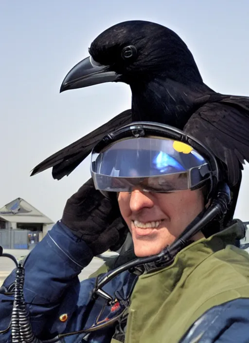 Image similar to a jet pilot with a crow head