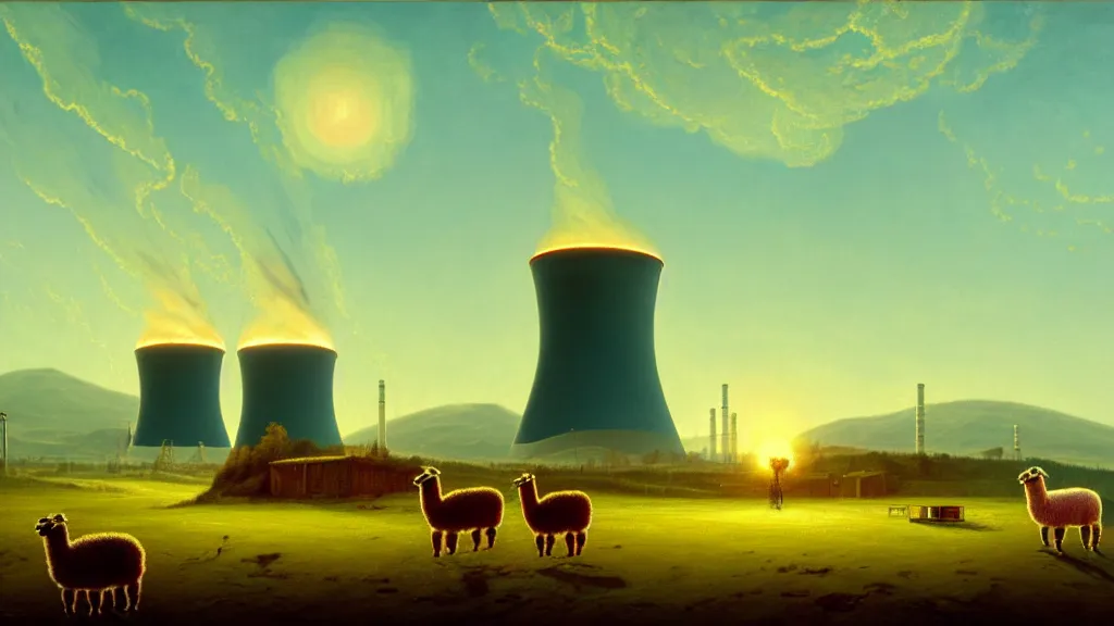 Image similar to A nuclear power plant in utopia by Simon Stålenhag and J.M.W. Turner, oil on canvas<photobomb>Alpaca</photobomb>; Nuclear Fallout, Art Direction by Adam Adamowicz; 4K, 8K Ultra-Realistic Depth Shading; Epic 4k dream drone shots