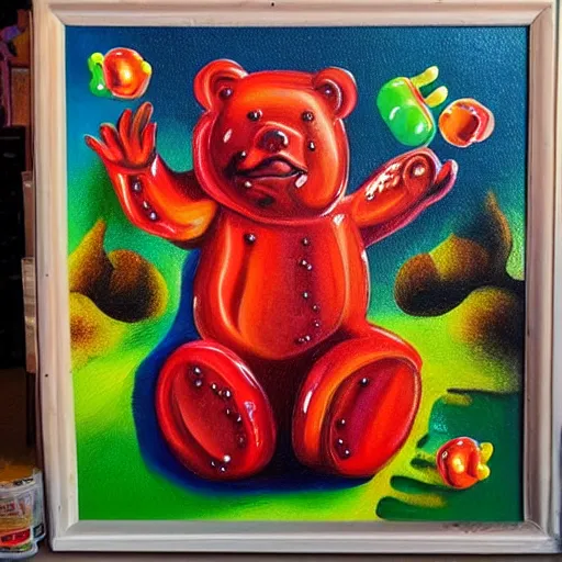 Prompt: a gummy bear painting in the style of salvador dali