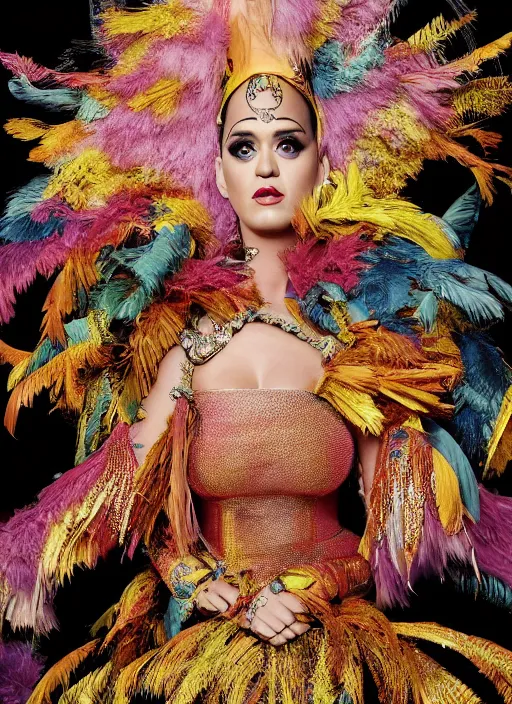 Prompt: katy perry styled by nick knight posing, full body shot, intricate headpiece, vogue magazine, canon, highly realistic. high resolution. highly detailed. dramatic. 8 k. 4 k.