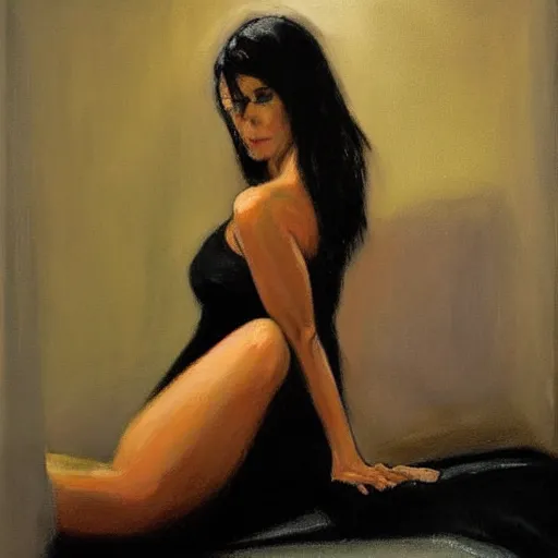 Prompt: a dark haired woman wearing a black dress, on a bed. by fabian perez