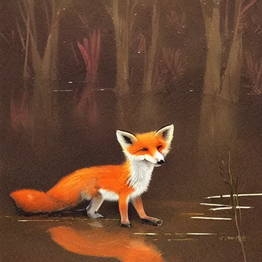Image similar to a portrait of a cute fox drinking from a pond, by stanley lau and greg rutkowski
