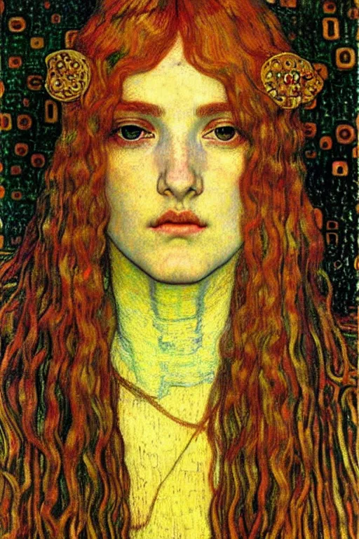 Image similar to detailed realistic beautiful young medieval queen face portrait by jean delville, gustav klimt and vincent van gogh, art nouveau, symbolist, visionary, gothic, pre - raphaelite, muted earthy colors, desaturated