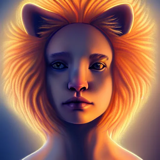 Prompt: Portrait of a girl angel with pale orange colored frizzy strands of illuminated hair, Lion essence, cat ears on her head, glowing halo, Lion's Mane, Cosmic, Lion's Gate, 8/8, fantasy, intricate, elegant, highly detailed, digital painting, artstation, concept art, smooth, sharp focus, illustration, art by Krenz Cushart and Artem Demura and alphonse mucha