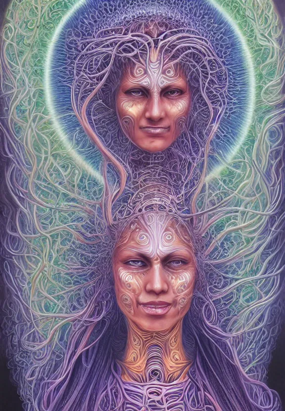 Image similar to perfectly centered portrait front view of a beautiful biomechanical moon goddess, flowing hair, intense stare, sweet smile, symmetrical, concept art, intricate detail, volumetric shadows and lighting, realistic oil painting by alex grey,