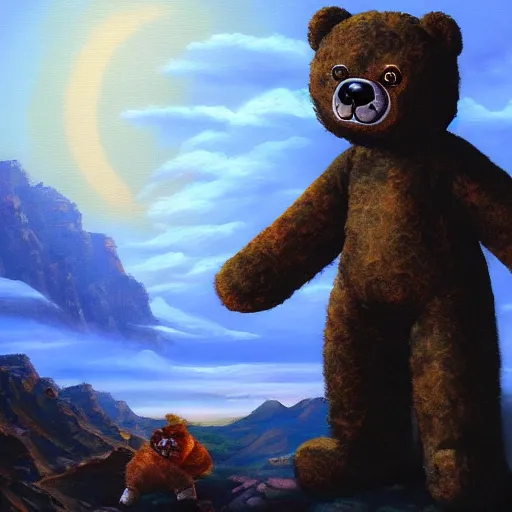 Prompt: cyberpunk surrealist oil painting of a teddy bear practicing ninjutsu atop a mountain