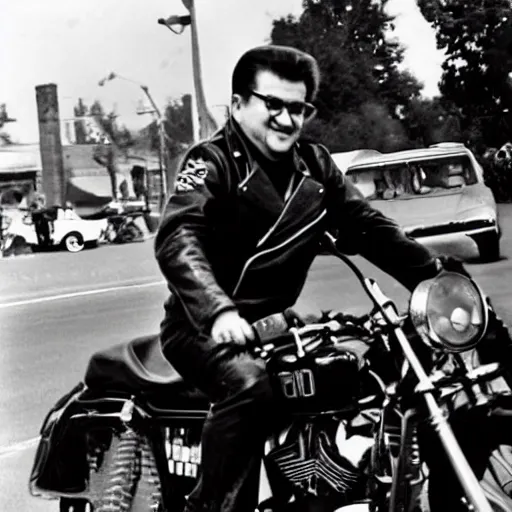 Prompt: salvador allende riding a harley davidson motorcycle, wearing a leather jacket, looking cool