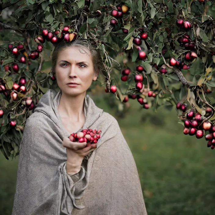 Image similar to a closeup portrait of a woman wearing a cloak made of tangled twisted knotted iridescent ribbon, picking pomegranates from a tree in an orchard, foggy, moody, photograph, by vincent desiderio, canon eos c 3 0 0, ƒ 1. 8, 3 5 mm, 8 k, medium - format print