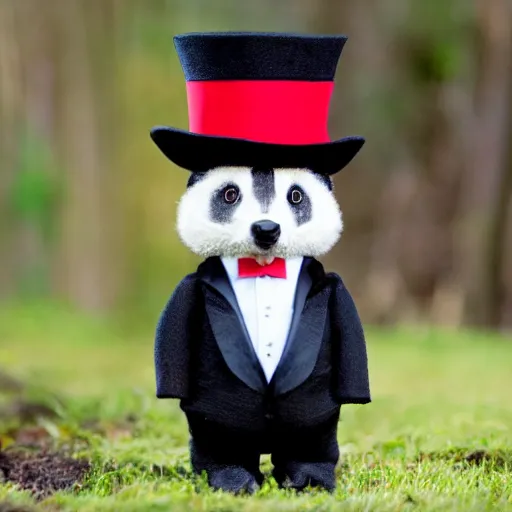 Image similar to badger wearing black tuxedo, red tie and a black tophat with a white stripe